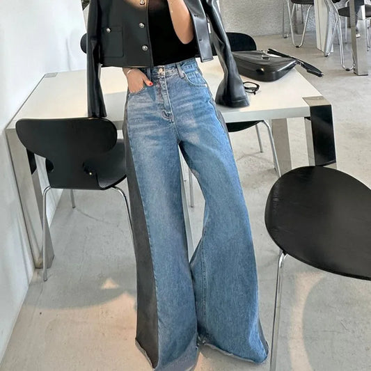 2023 Y2K Fashion Patchwork Vintage Blue Baggy Flare Jeans Pants For Women Clothes Loose Wide Leg Denim Trousers Pantalon Femme