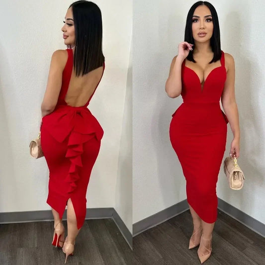 Bow Stretch Split Dress Low Cut High Waist Trend Solid Color Sheath Dress Women Sleeveless Backless Deep V Bodycon Midi Dress