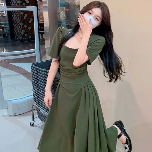 2024 Spring/Summer Korean Edition New Large Size Style Slim Square Neck Fashion Dress Trend